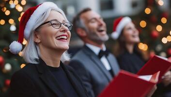 Group of people singing joyfully in Santa hats during a festive event. photo