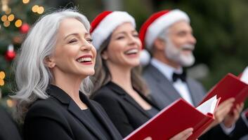 A festive choir singing joyfully in Santa hats during the holiday season. photo