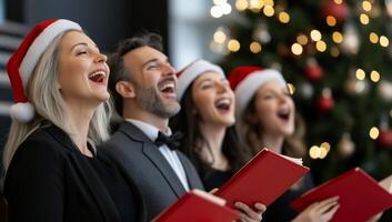 Group singing holiday carols with festive attire and a Christmas tree. photo