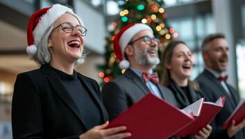 A festive choir performing with cheerful expressions and Christmas hats. photo