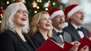 A joyful group singing carols in front of a Christmas tree. photo