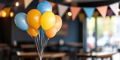Colorful balloons in a festive setting with decorative bunting. photo