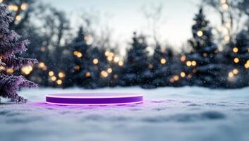 A glowing platform in a snowy landscape with festive lights. photo