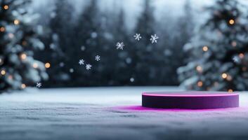 A serene winter scene with snowflakes and a glowing platform. photo