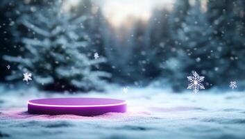 A snowy landscape with a glowing platform and falling snowflakes. photo