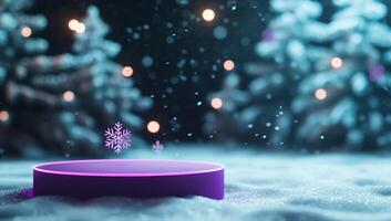 A serene winter scene with a glowing platform and falling snowflakes. photo