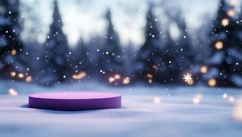 A purple platform in a snowy landscape with falling snowflakes. photo