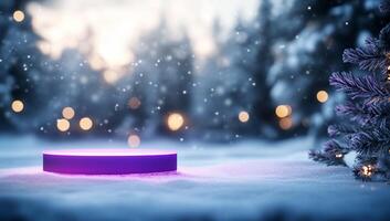A serene winter scene with a glowing purple platform in the snow. photo