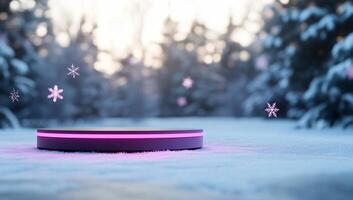 A futuristic platform in a snowy landscape with floating snowflakes. photo