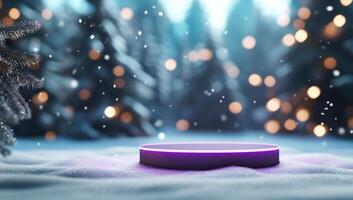 A glowing platform in a snowy forest with soft bokeh lights. photo
