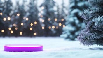 A glowing circular platform in a snowy forest with twinkling lights. photo