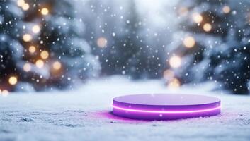 A glowing platform in a snowy landscape with soft lights and snowfall. photo