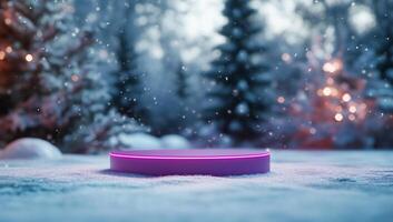 A glowing platform in a snowy forest with falling snowflakes. photo