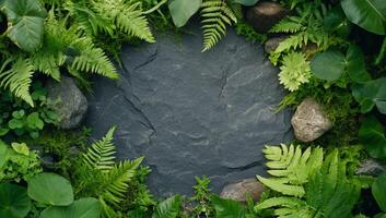 A serene stone surface surrounded by lush green foliage and rocks. photo