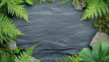A textured stone surface surrounded by lush green ferns and rocks. photo