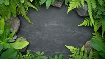 A lush green frame surrounding a dark stone surface, ideal for displays. photo