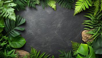 A lush arrangement of ferns and leaves framing a dark stone background. photo