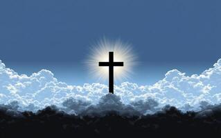 A silhouetted cross against a backdrop of clouds and light. photo