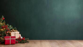 A festive scene with Christmas gifts and decorations by a tree. photo