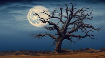 A dead tree in the desert with a full moon photo