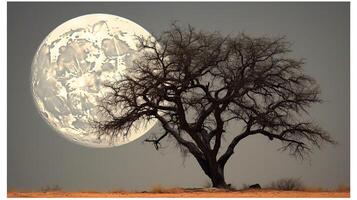 A lone tree in the desert with a full moon photo