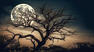 A full moon is seen behind a tree photo