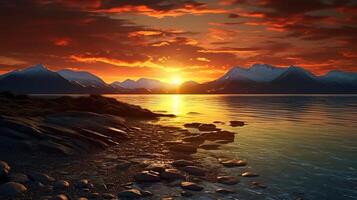 Sunset over the mountains and water photo
