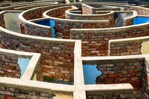 Old dilapidated brick labyrinth. Retro style, vintage. view from above photo