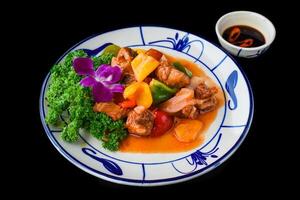 Satay fried beef with with pepper in vietnamese style for a menu photo