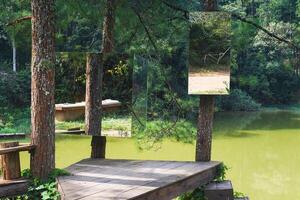 Creative idea with cube mirrors on trees in pine forest against lake in Da Lat Vietnam photo