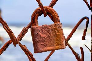Old ferruginous padlock hanging on a rusty fence on a sea background photo