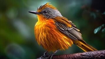 A small orange bird with a mohawk sitting on a branch photo