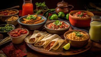 A table with mexican food and drinks photo