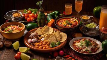 A table with mexican food and drinks photo