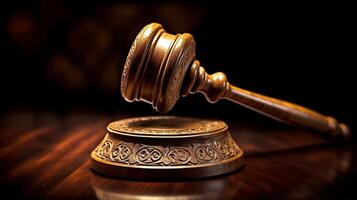 Judge's gavel on wooden table photo