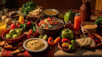 A table with various types of food including corn, beans, tortillas, and other vegetables photo