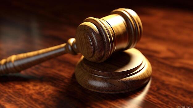 Judge gavel on wooden table photo