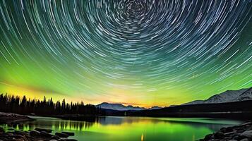 Aurora borealis, star trails, and mountains in the background photo