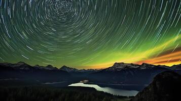 The aurora borealis over the mountains and lake photo