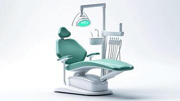 A dental chair with a green seat and light photo