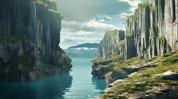 A scene of a river and cliffs with water photo