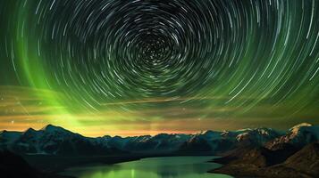 The aurora borealis is seen over mountains and water photo