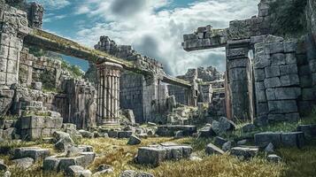 An ancient ruin with stone pillars and grass photo