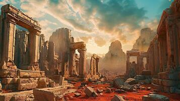 Ancient ruins in the desert with a sun setting photo