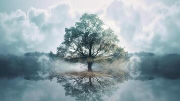 A tree is reflected in the water with clouds in the background photo