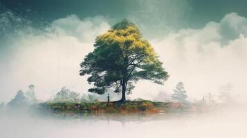 A tree is standing on an island surrounded by fog photo