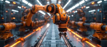 A robot is walking down a track in a factory photo