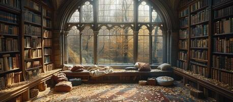 A library with a window and lots of books photo