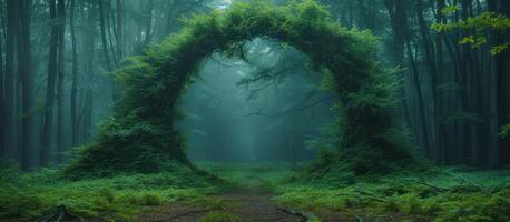 A dark forest with a large arch in the middle photo