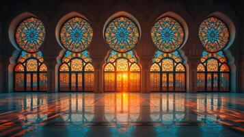 Sunset in a mosque with colorful windows photo